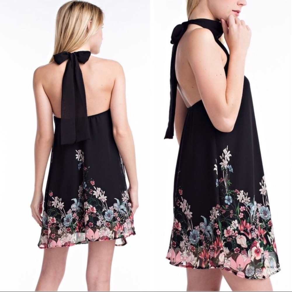 Black floral halter neck A line dress - Picture 2 of 3